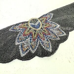 VTG Black Beaded Belt Embellished Flower Women's Size M Snap Closure Satin Belt